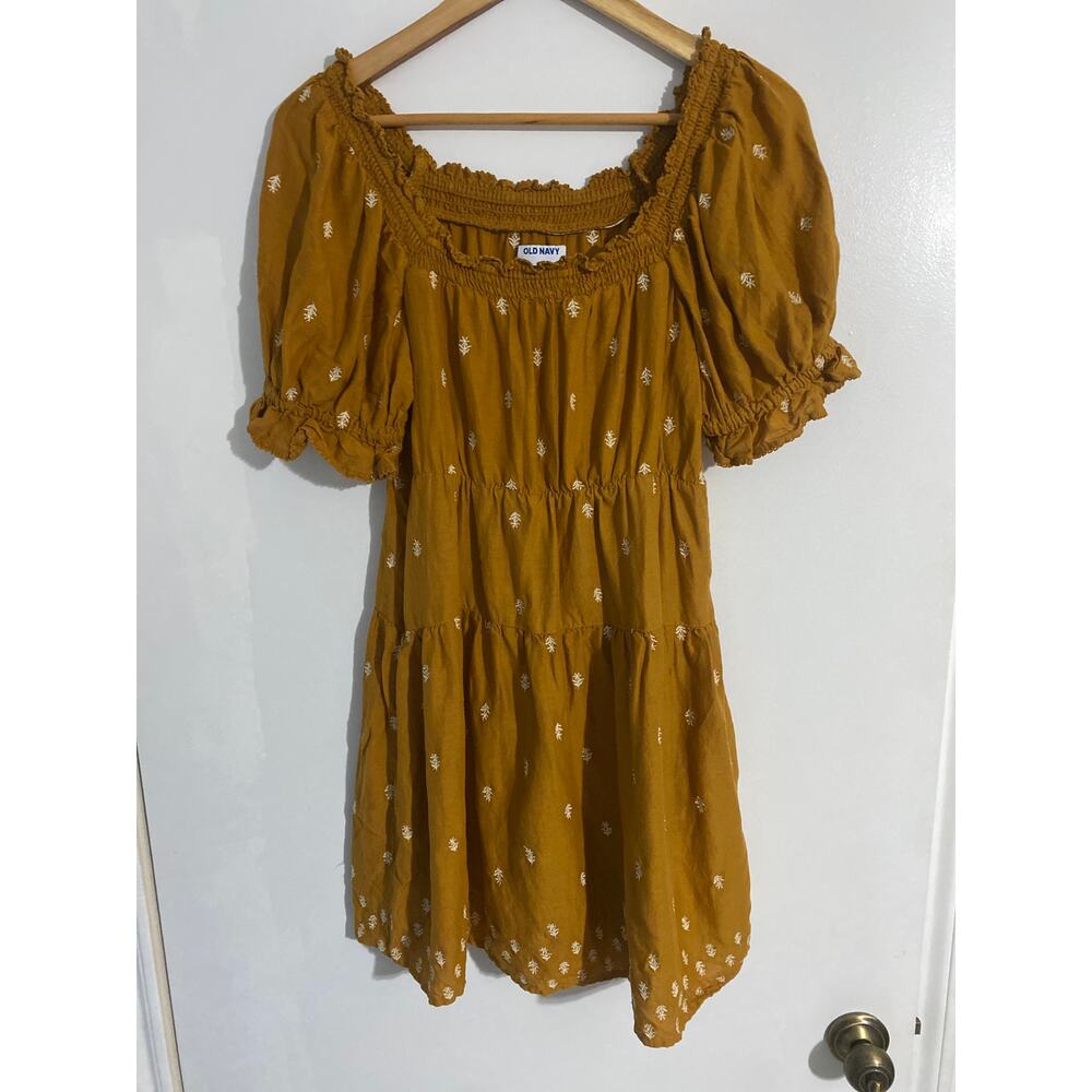 Old Navy tiered mini dress women’s XS brown embroidered ruffle peasant cottage